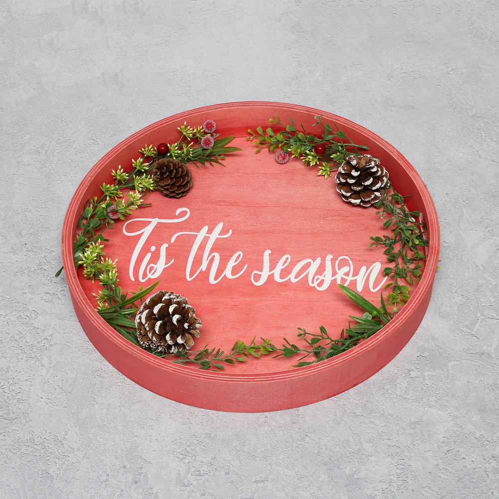 Decorative 13.75" Round Wood Serving Tray w/ Handles, "Tis the Season". Picture 6