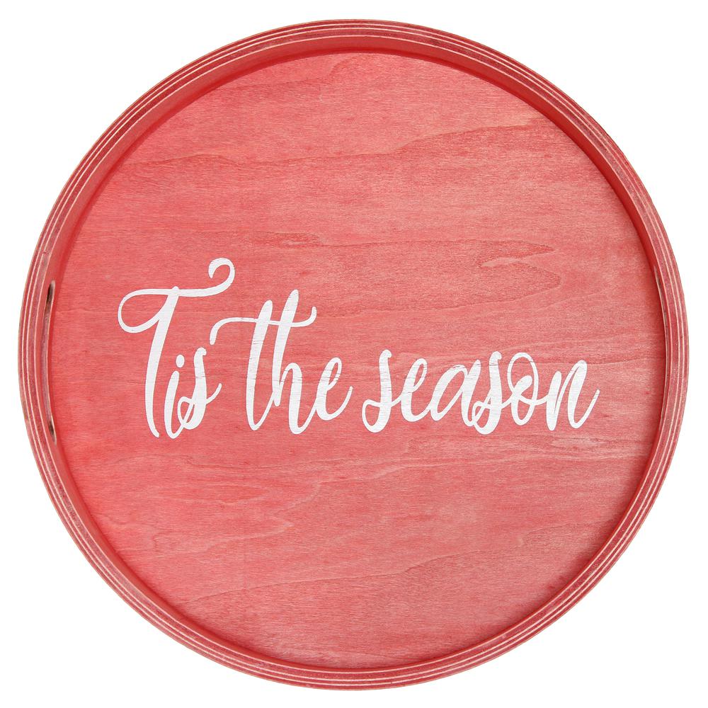 Decorative 13.75" Round Wood Serving Tray w/ Handles, "Tis the Season". Picture 8
