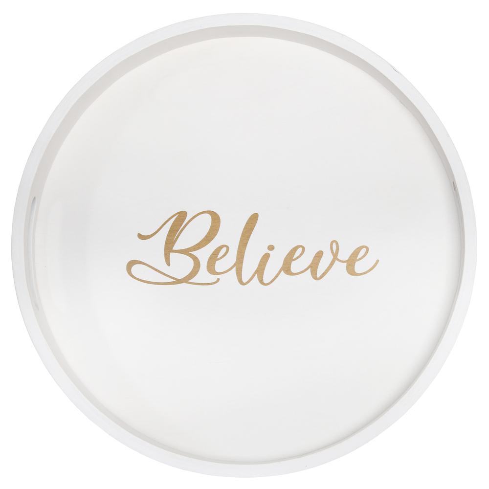 Decorative 13.75" Round Wood Serving Tray w/ Handles, "Believe". Picture 8