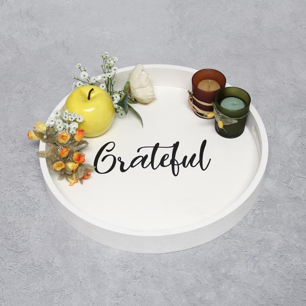 Decorative 13.75" Round Wood Serving Tray w/ Handles, "Grateful". Picture 6