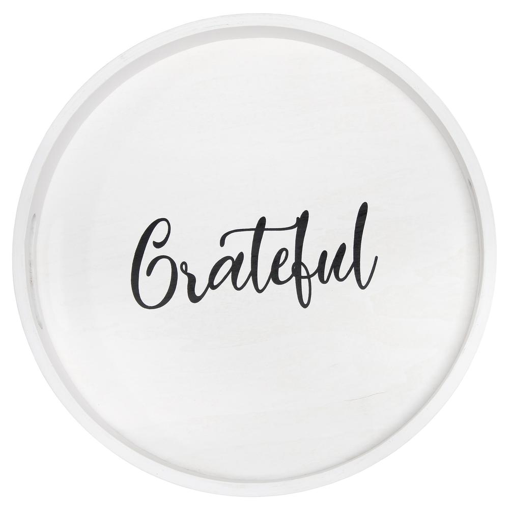 Decorative 13.75" Round Wood Serving Tray w/ Handles, "Grateful". Picture 8