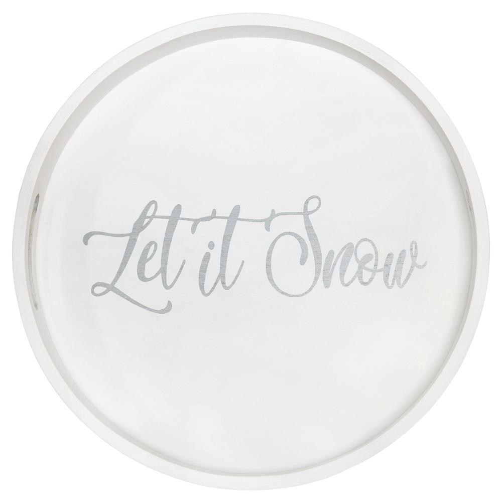 Decorative 13.75" Round Wood Serving Tray w/ Handles, "Let it Snow". Picture 8