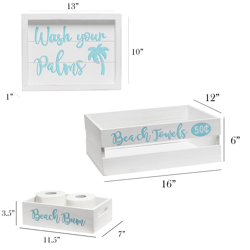 Elegant Designs Three Piece Decorative Wood Bathroom Set, Large, Coastal/Beach (1 Towel Holder, 1 Frame, 1 Toilet Paper Holder)