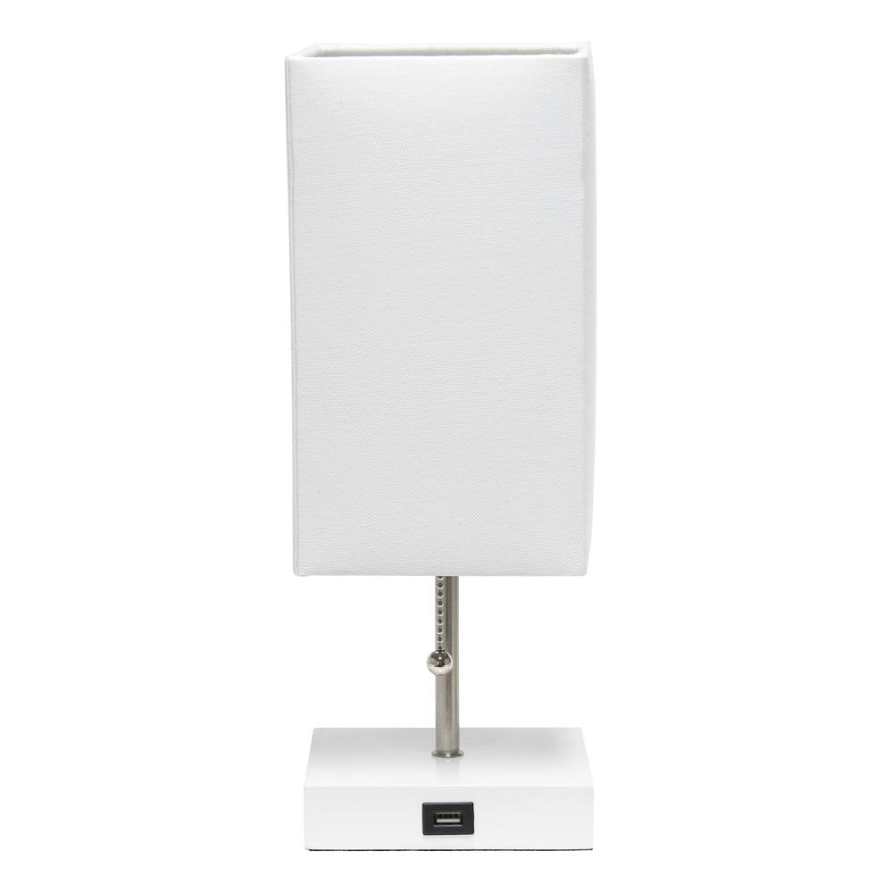 Petite White Stick Lamp with USB Charging Port and Fabric Shade, White. Picture 7