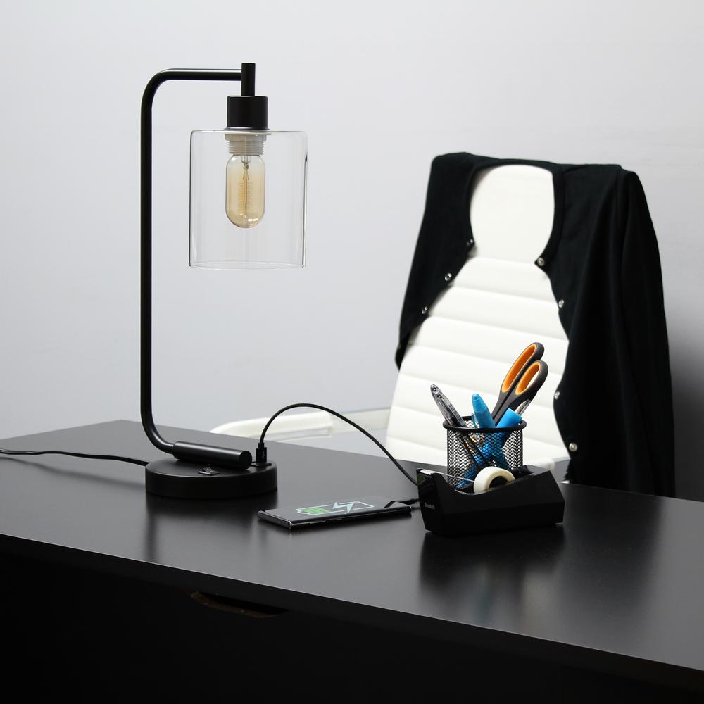 Modern Iron Desk Lamp with USB Port and Glass Shade, Black. Picture 4