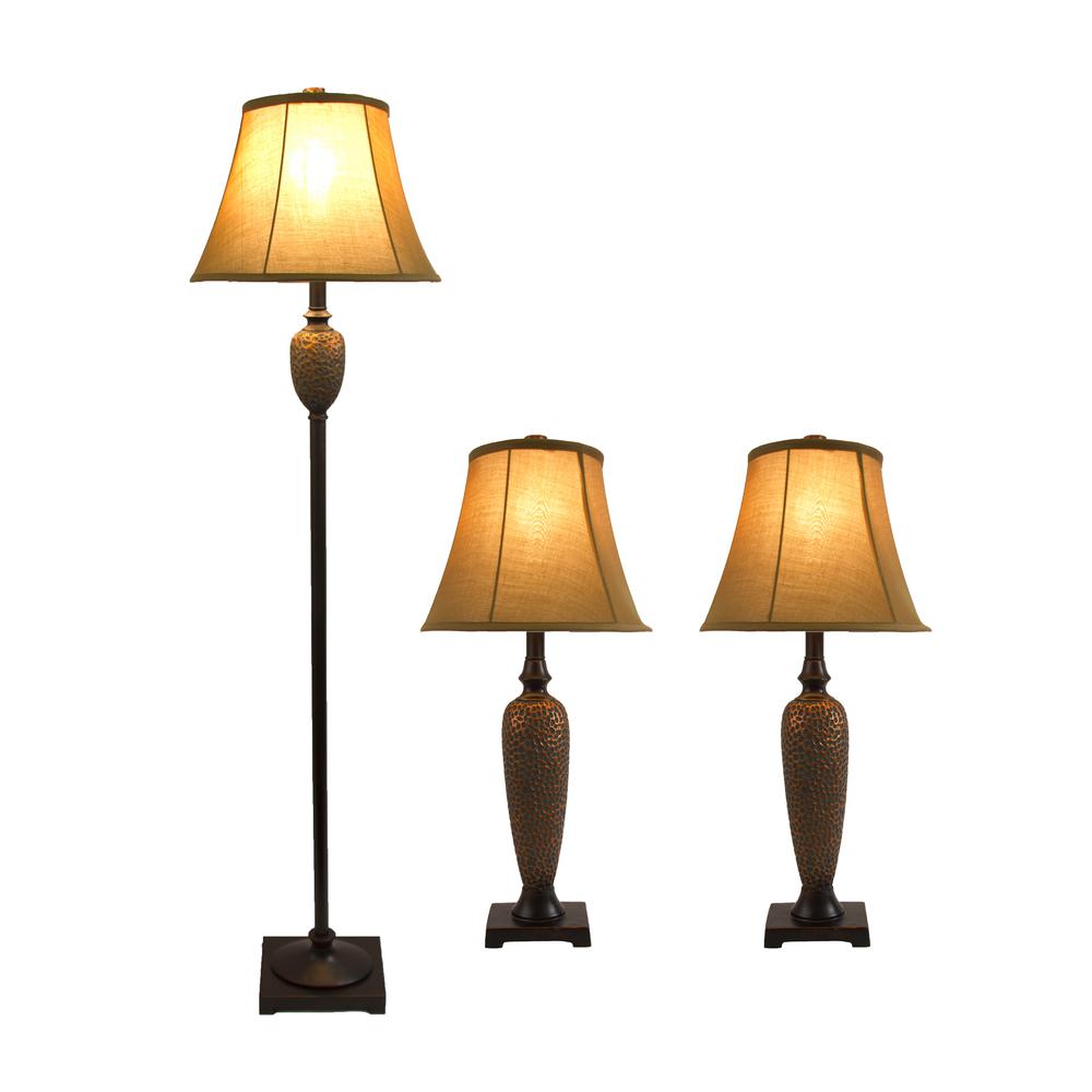 Hammered Bronze Three Pack Lamp Set (2 Table Lamps, 1 Floor Lamp). Picture 1