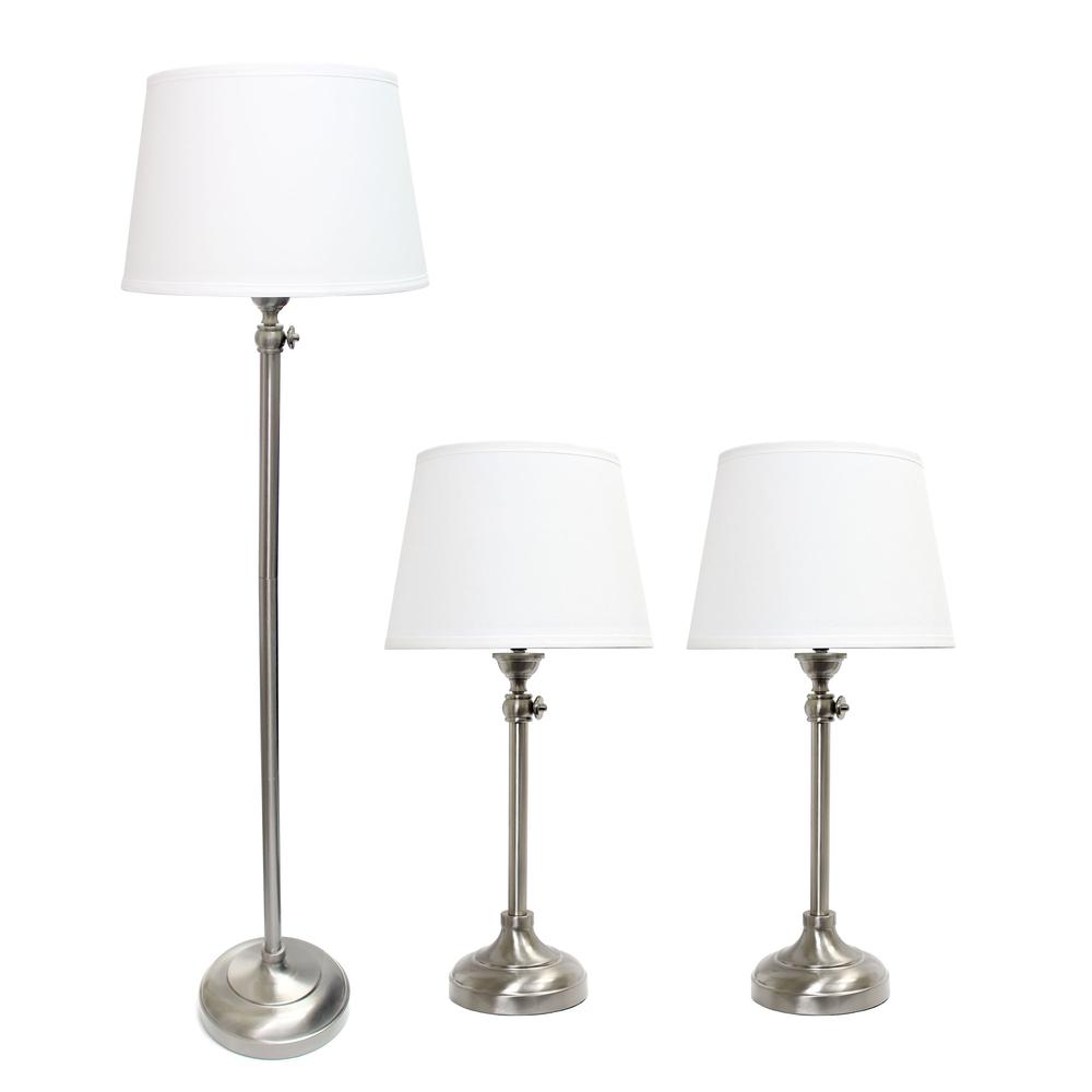 Brushed Nickel Adjustable 3 Pack Lamp Set (2 Table Lamps1 Floor Lamp). Picture 1