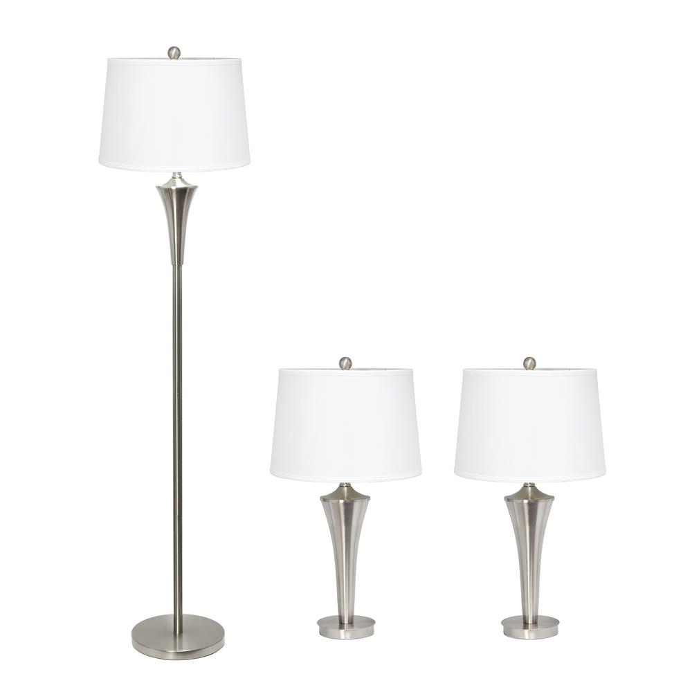Tapered Brushed Nickel Modern 3 Pack Table (2)  and Floor (1) Lamp Set. Picture 1