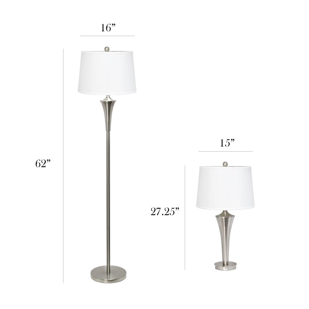 Elegant Designs Tapered 3 Pack Lamp Set (2 Table Lamps, 1 Floor Lamp) with White Shades, Brushed Nickel
