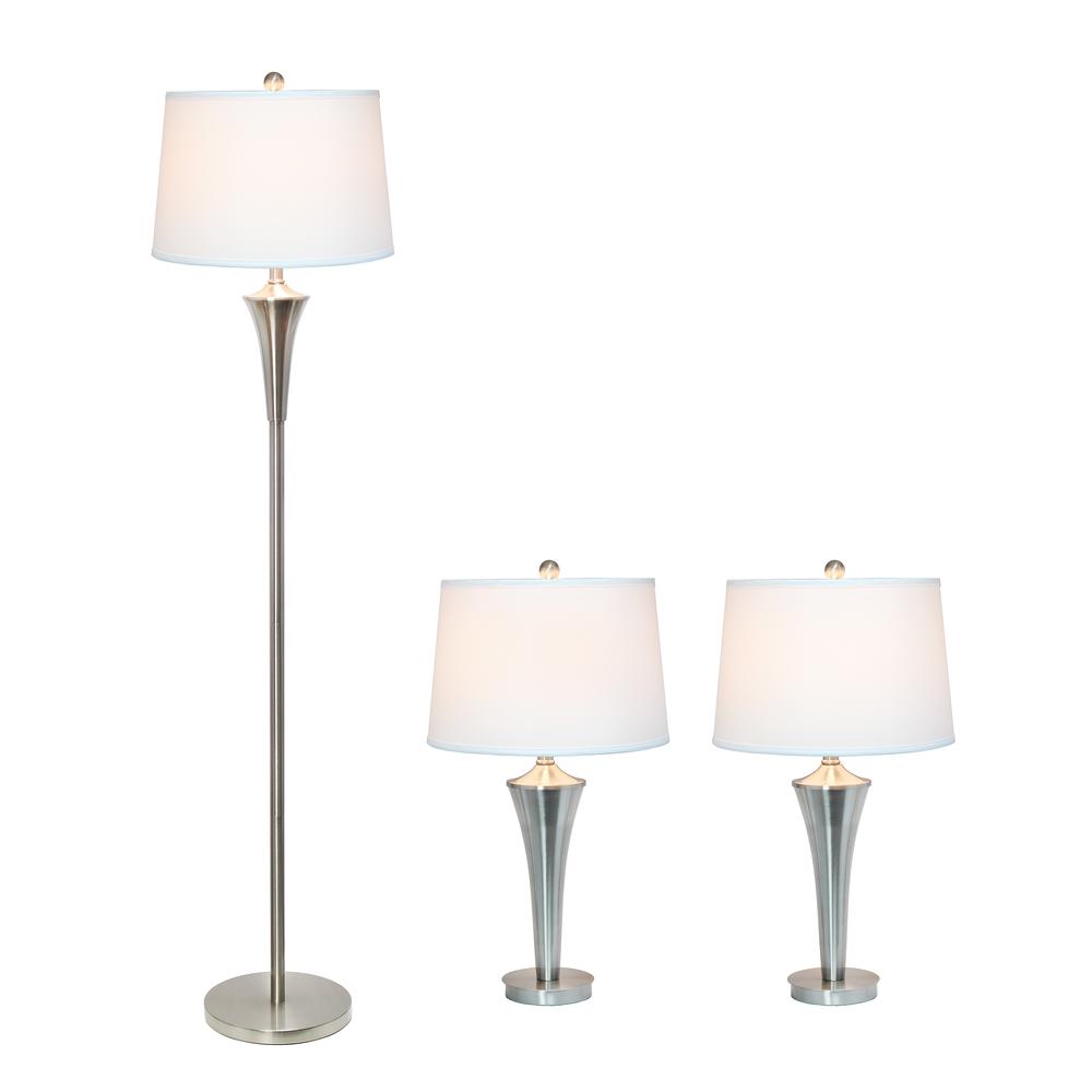 Tapered Brushed Nickel Modern 3 Pack Table (2)  and Floor (1) Lamp Set. Picture 7