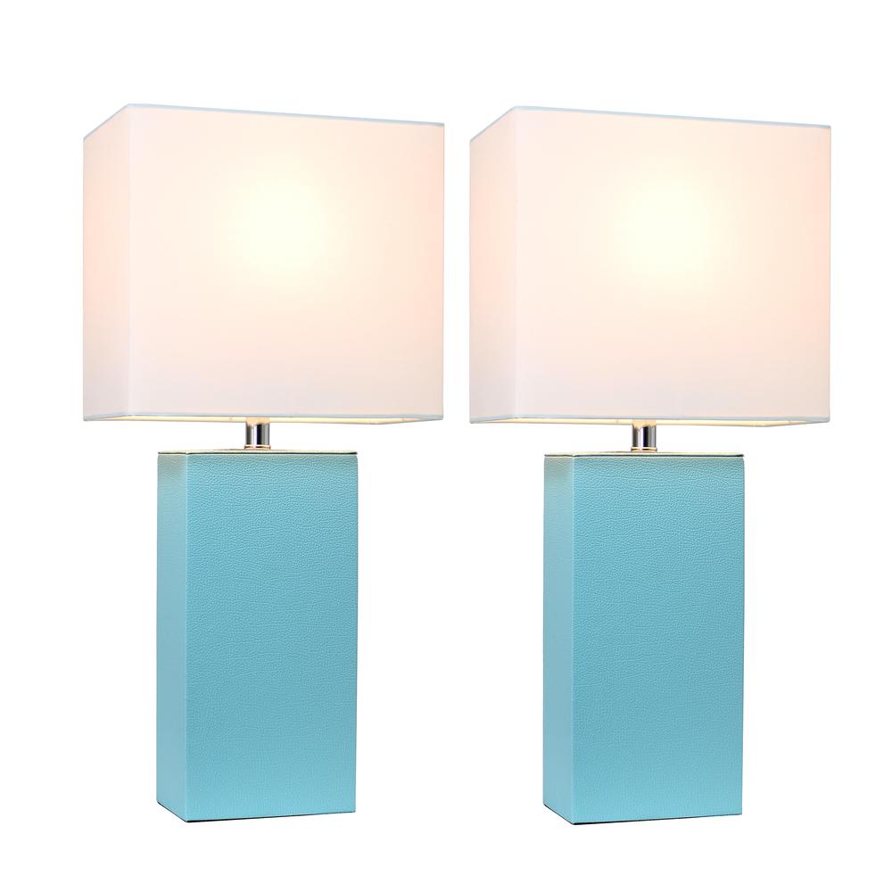2 Pack Modern Leather Table Lamps with White Fabric Shades, Aqua. Picture 2