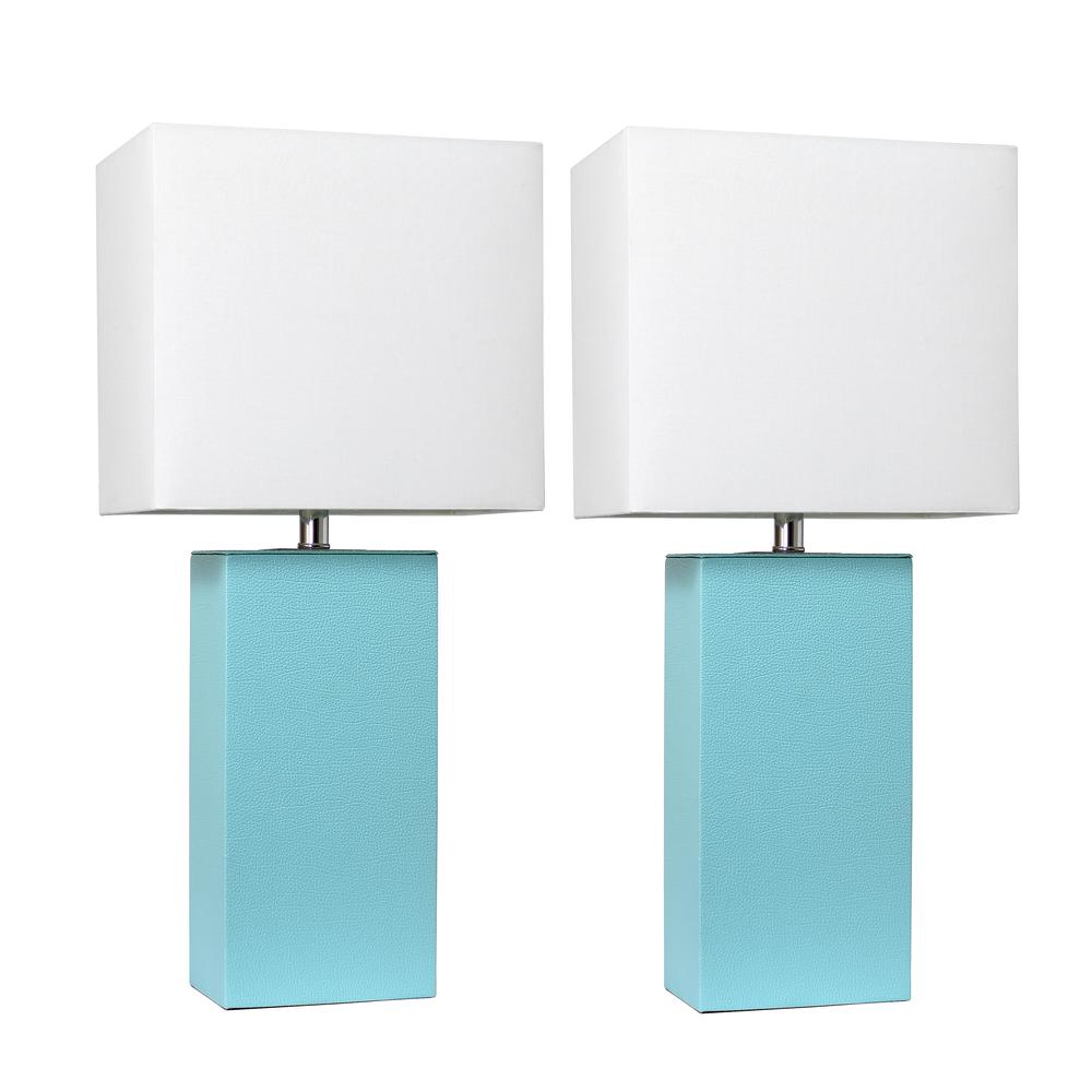 2 Pack Modern Leather Table Lamps with White Fabric Shades, Aqua. Picture 1