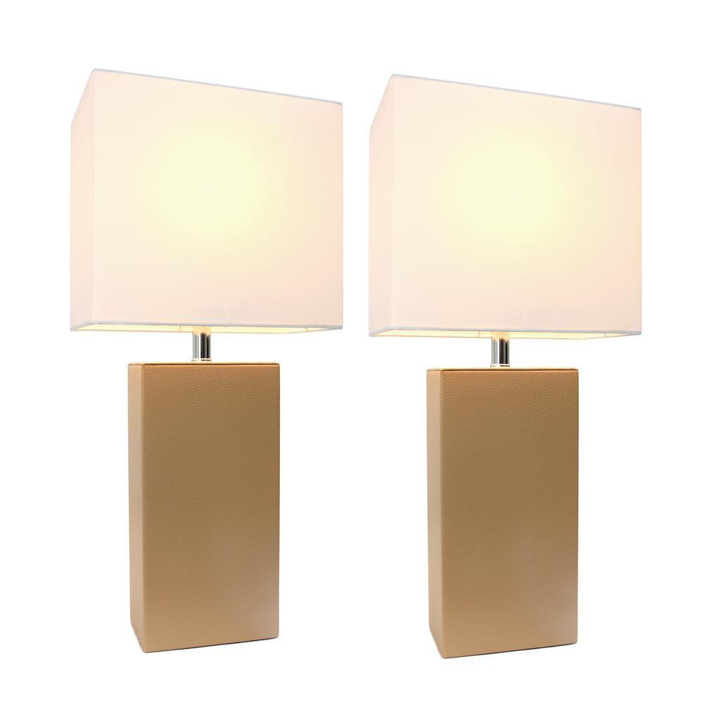 2 Pack Modern Leather Table Lamps with White Fabric Shades, Beige. Picture 1