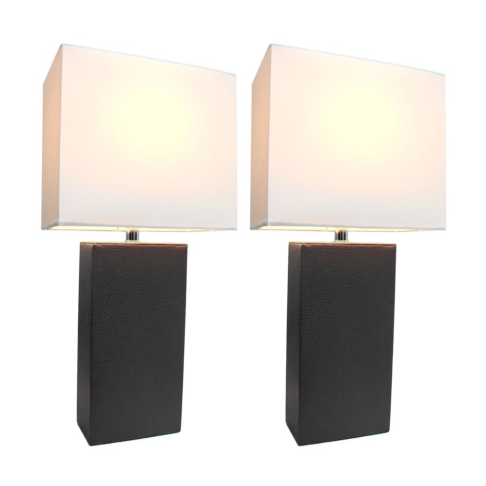 2 Pack Modern Leather Table Lamps with White Fabric Shades, Black. Picture 1