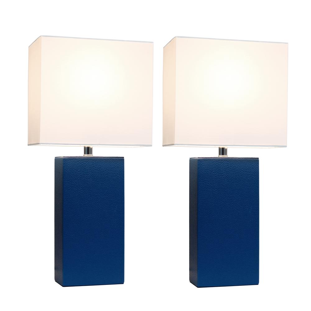 2 Pack Modern Leather Table Lamps with White Fabric Shades, Blue. Picture 2