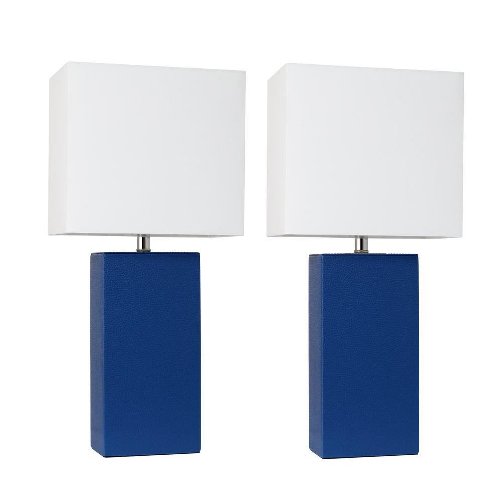 2 Pack Modern Leather Table Lamps with White Fabric Shades, Blue. Picture 1
