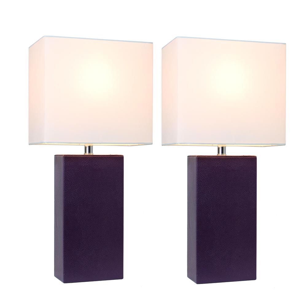 2 Pack Modern Leather Table Lamps with White Fabric Shades, Eggplant. Picture 2