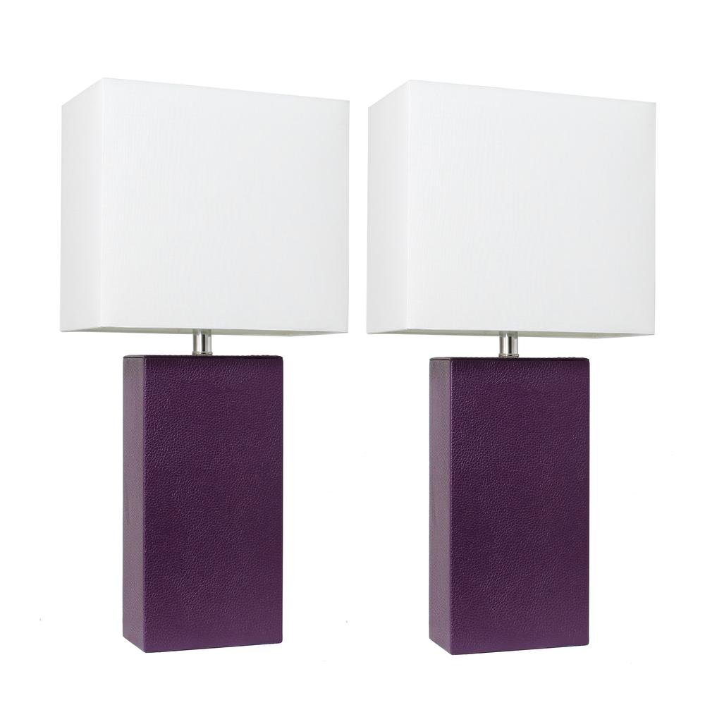 2 Pack Modern Leather Table Lamps with White Fabric Shades, Eggplant. Picture 1