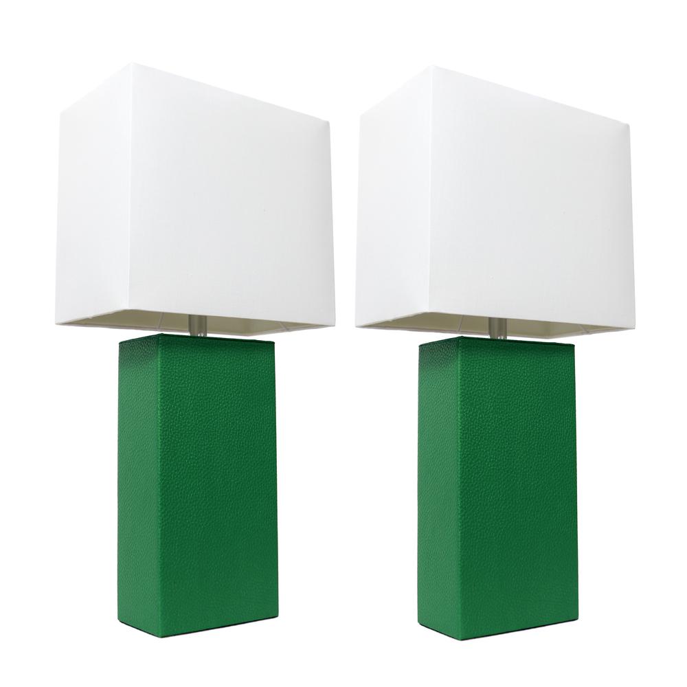 2 Pack Modern Leather Table Lamps with White Fabric Shades, Green. Picture 2