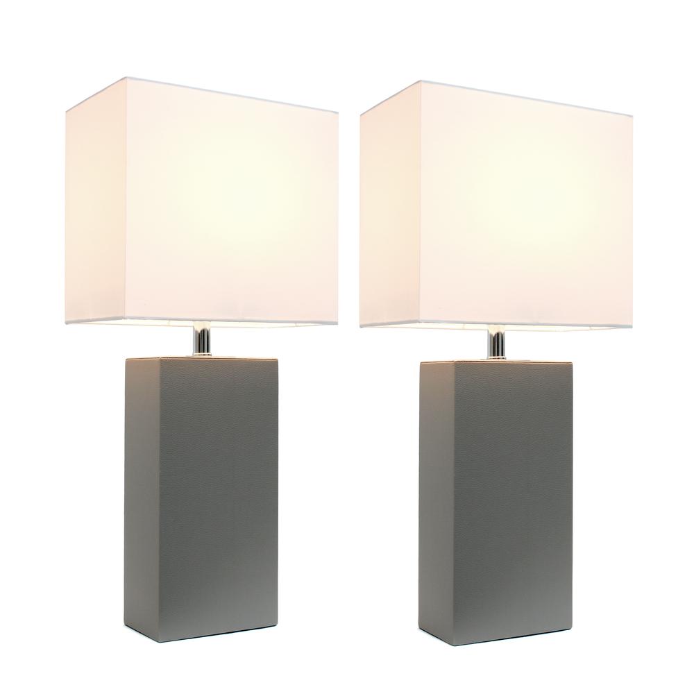 2 Pack Modern Leather Table Lamps with White Fabric Shades, Gray. Picture 1
