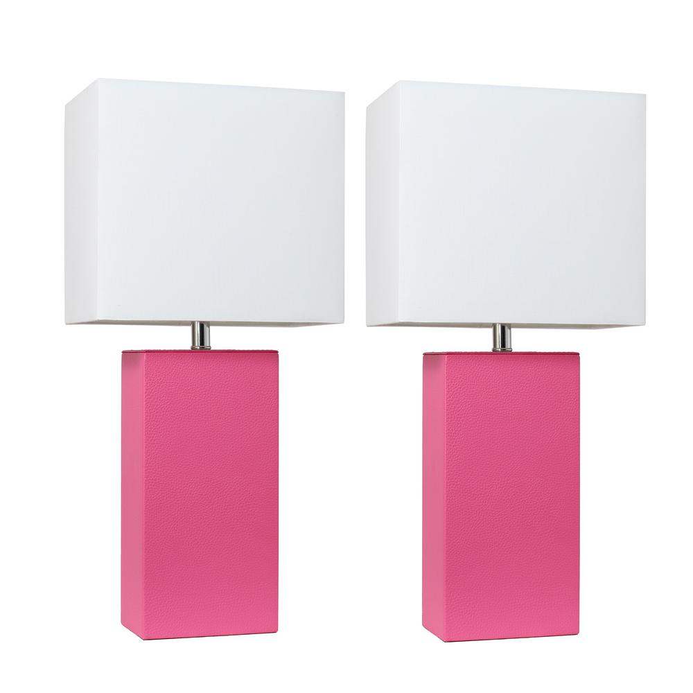 2 Pack Modern Leather Table Lamps with White Fabric Shades, Hot Pink. Picture 1