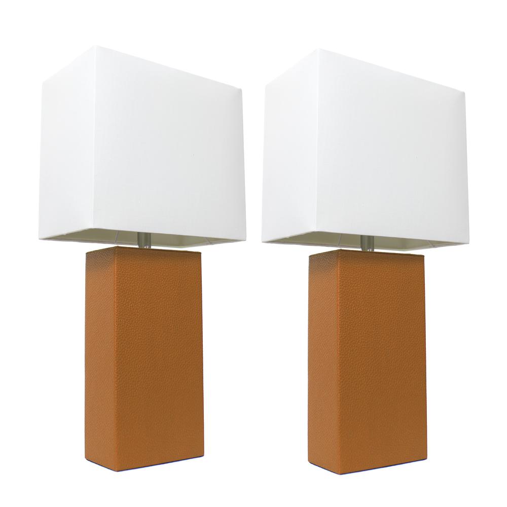 2 Pack Modern Leather Table Lamps with White Fabric Shades, Tan. Picture 2