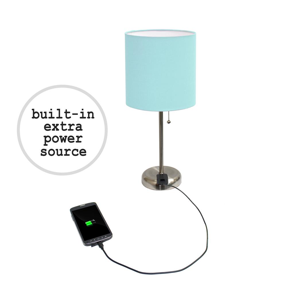 LimeLights Brushed Steel Stick Lamp with Charging Outlet and Fabric Shade 2 Pack Set, Aqua