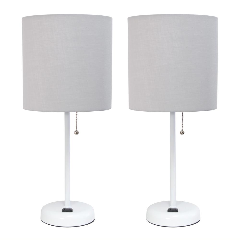 Simple Designs White Stick Lamp with Charging Outlet and Fabric Shade 2 Pack Set, Gray