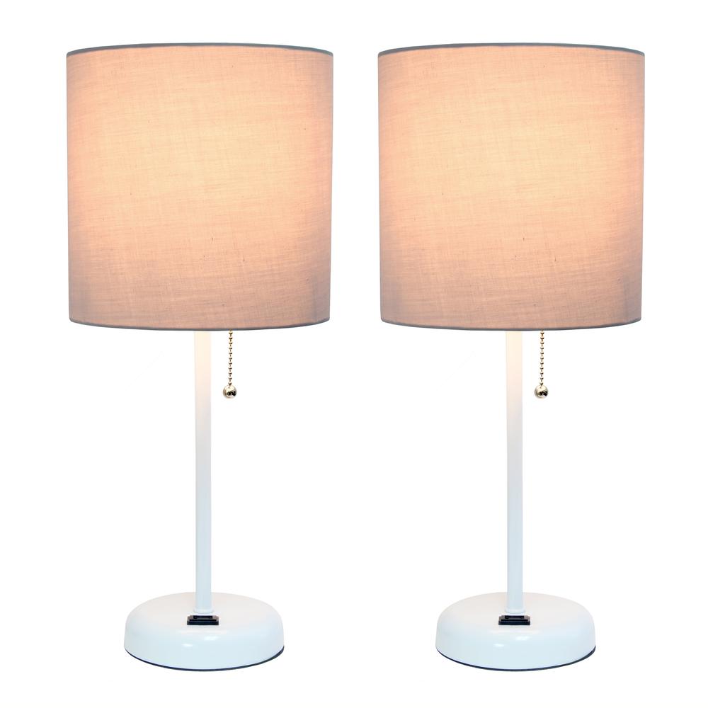 White Stick Lamp with Charging Outlet and Fabric Shade 2 Pack SetGray. Picture 3