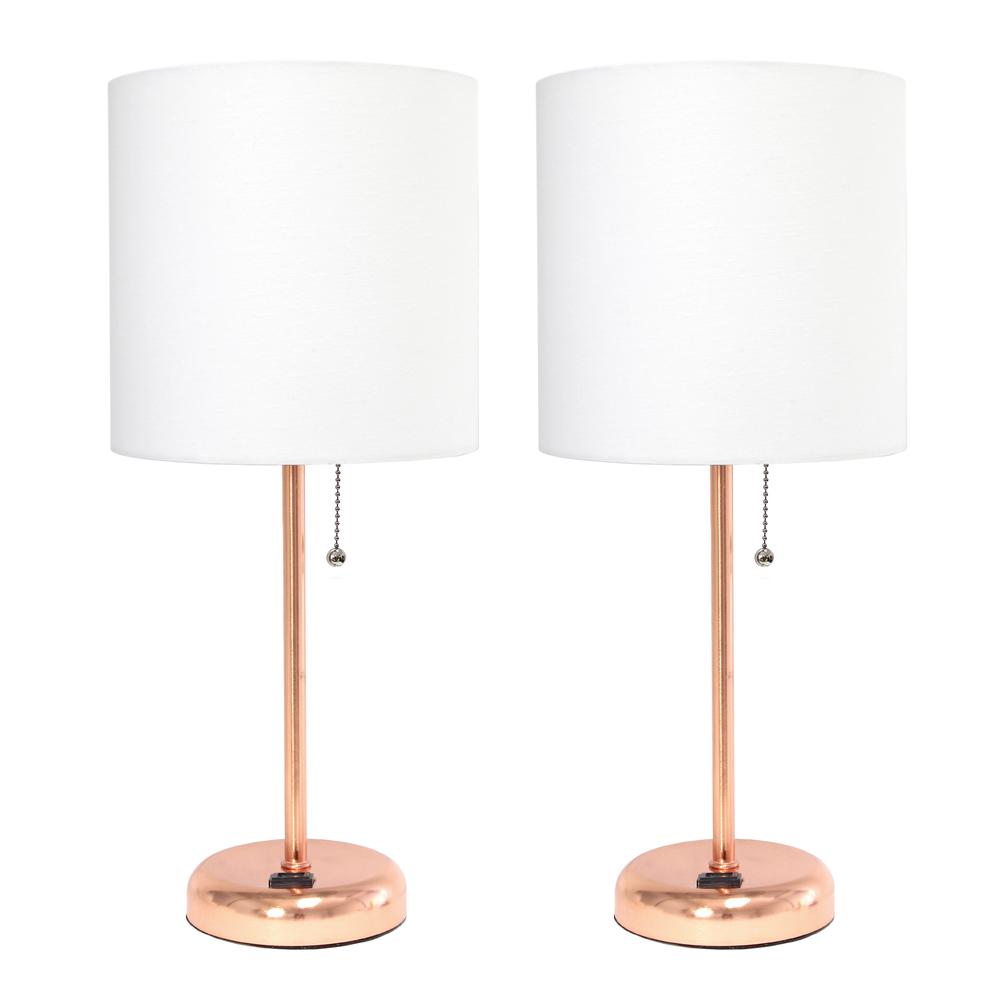 Rose Gold Stick Lamp with Charging Outlet and Fabric Shade 2 Pack Set. Picture 7