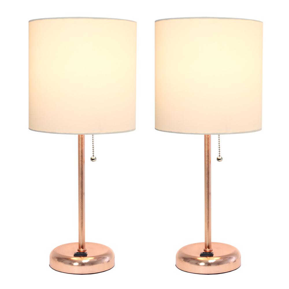 Rose Gold Stick Lamp with Charging Outlet and Fabric Shade 2 Pack Set. Picture 8