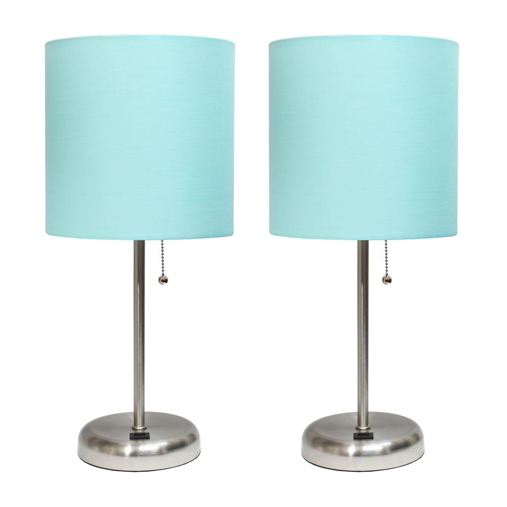 Stick Lamp with USB charging port and Fabric Shade 2 Pack Set, Aqua. The main picture.