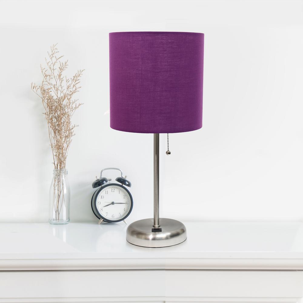 Simple Designs Stick Lamp with USB charging port and Fabric Shade 2 Pack Set, Purple