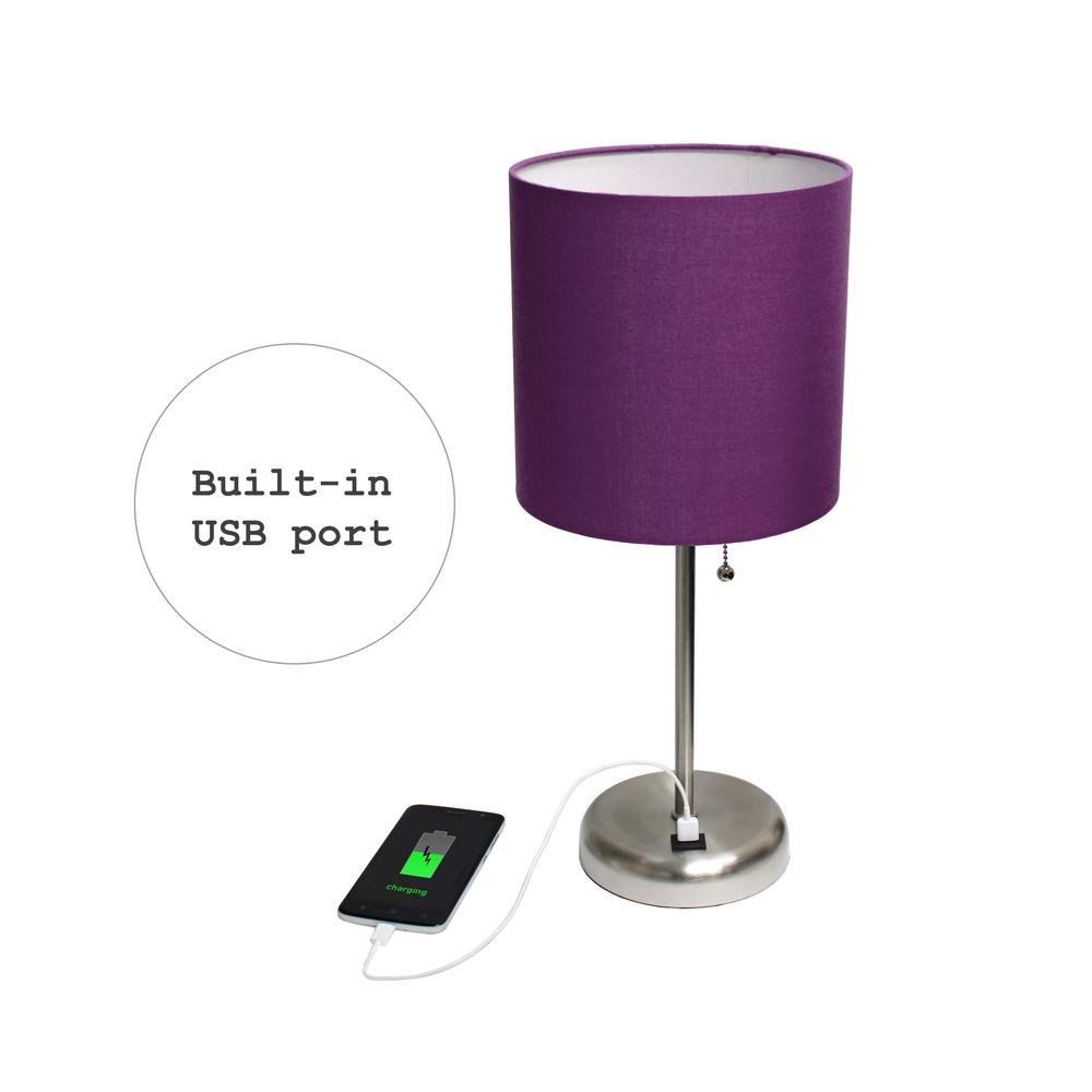 Stick Lamp with USB charging port and Fabric Shade 2 Pack Set, Purple. Picture 5