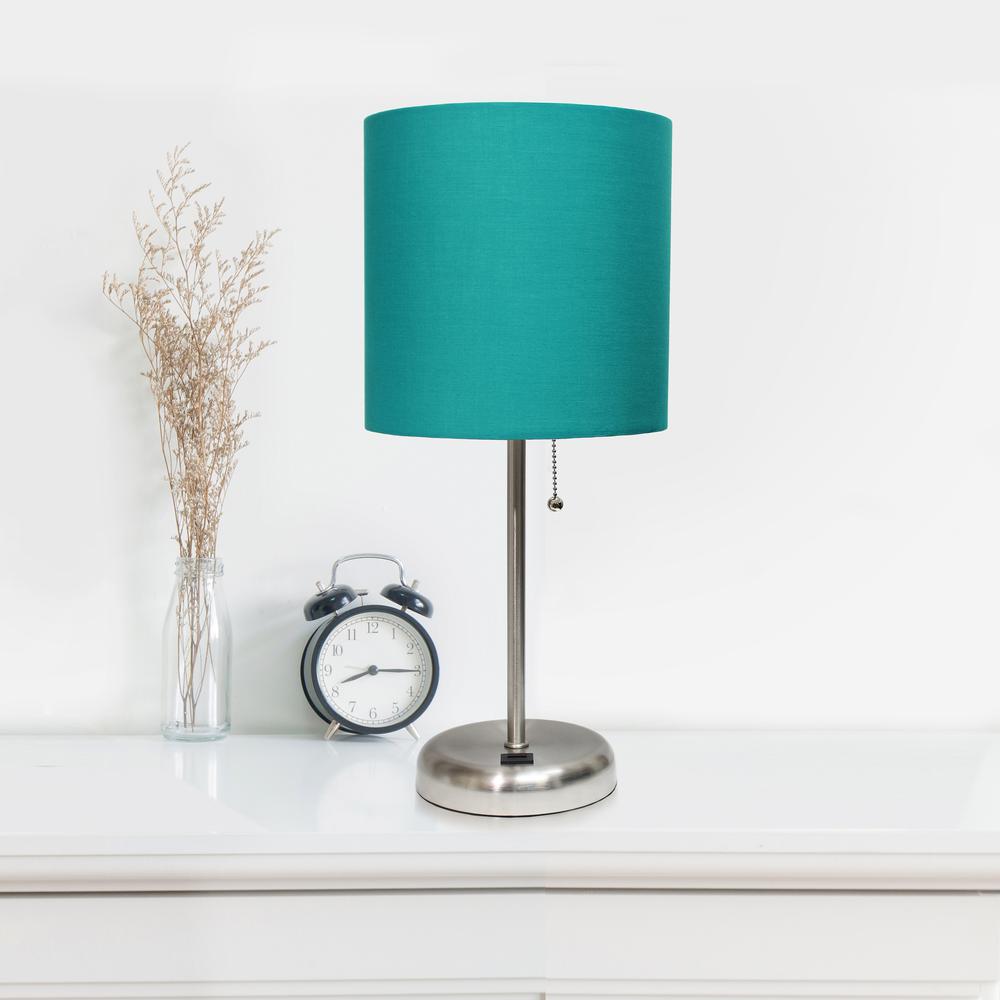 Simple Designs Stick Lamp with USB charging port and Fabric Shade 2 Pack Set, Teal