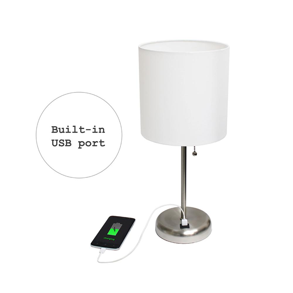 LimeLights Stick Lamp with USB charging port and Fabric Shade 2 Pack Set, White