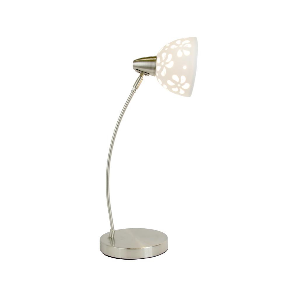 Brushed Nickel Desk Lamp with White Porcelain Flower Shade. Picture 1