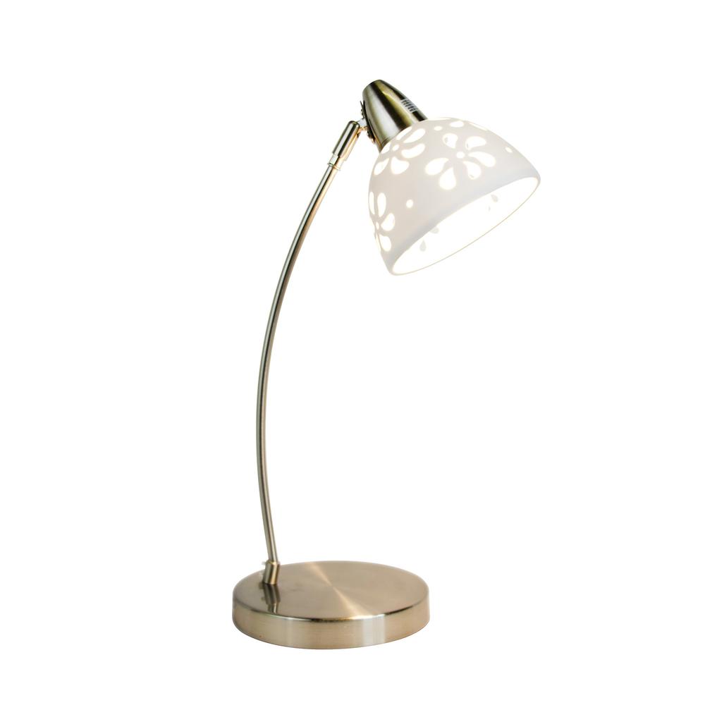 Brushed Nickel Desk Lamp with White Porcelain Flower Shade. Picture 2