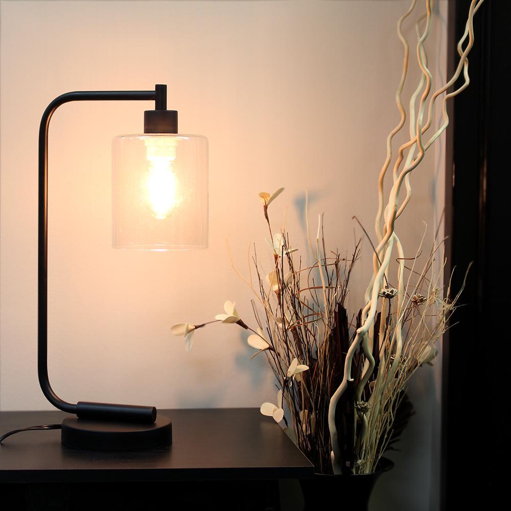 Simple Designs Bronson Antique Style Industrial Iron Lantern Desk Lamp with Glass Shade, Black