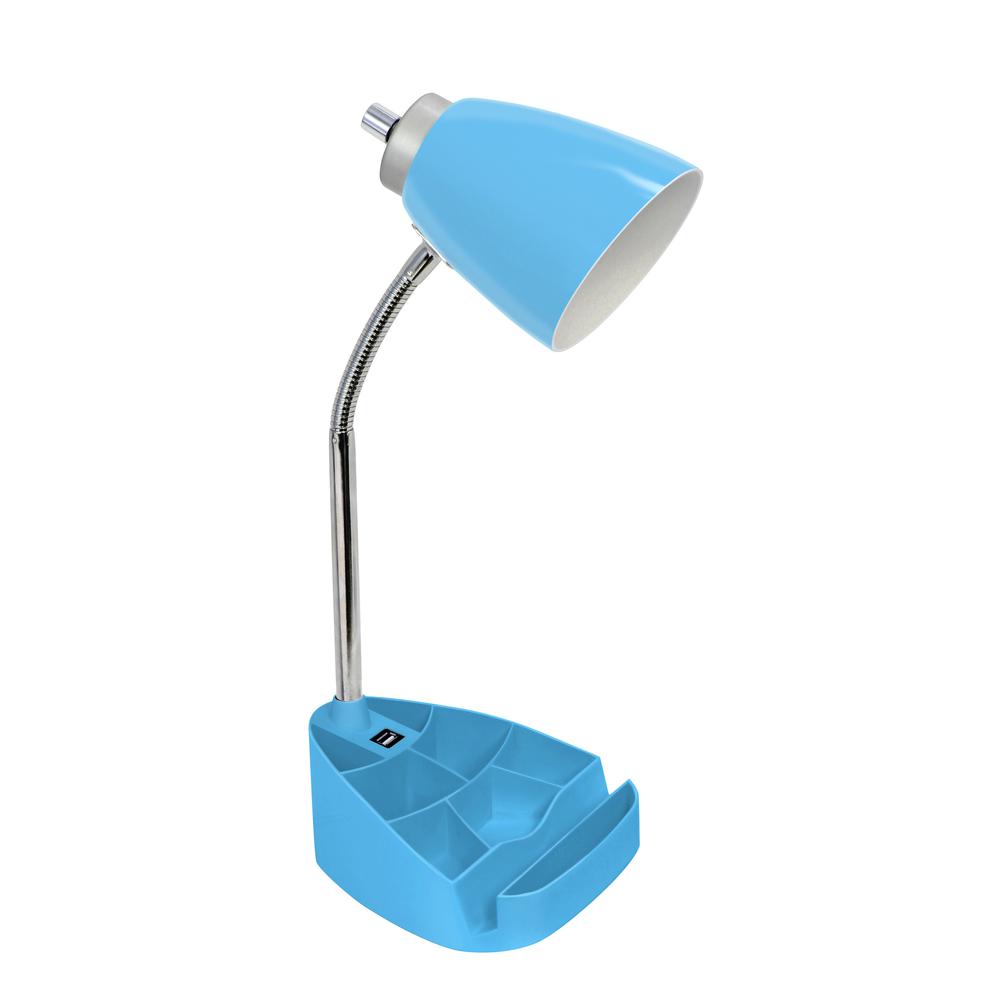 Gooseneck Organizer Desk Lamp with Holder and USB Port, Blue. Picture 1