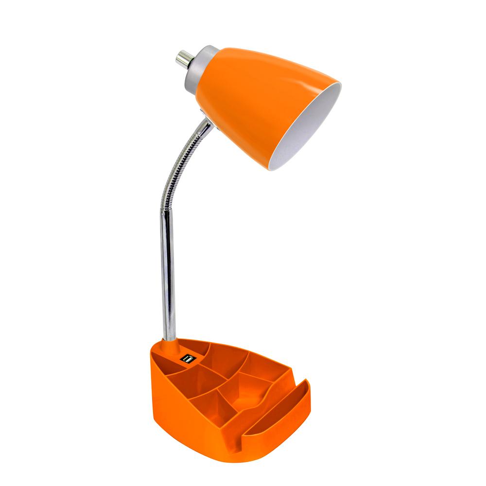 Gooseneck Organizer Desk Lamp with Holder and USB Port, Orange. Picture 1