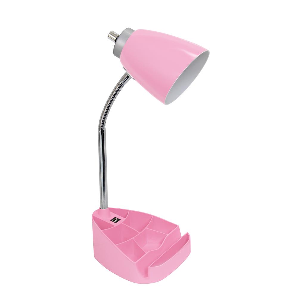 Gooseneck Organizer Desk Lamp with Holder and USB Port, Pink. Picture 1