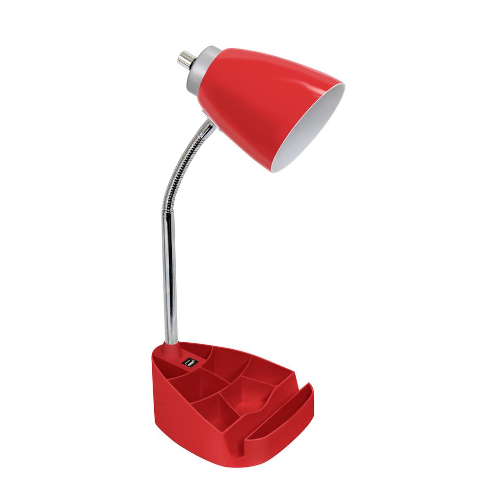 Gooseneck Organizer Desk Lamp with Holder and USB Port, Red. Picture 1