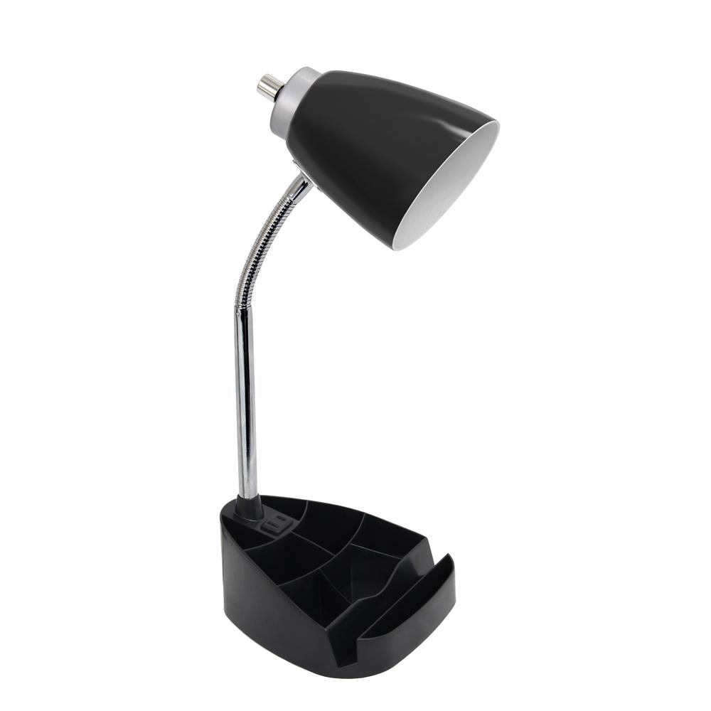 Gooseneck Organizer Desk Lamp with Holder and Charging Outlet, Black. Picture 1