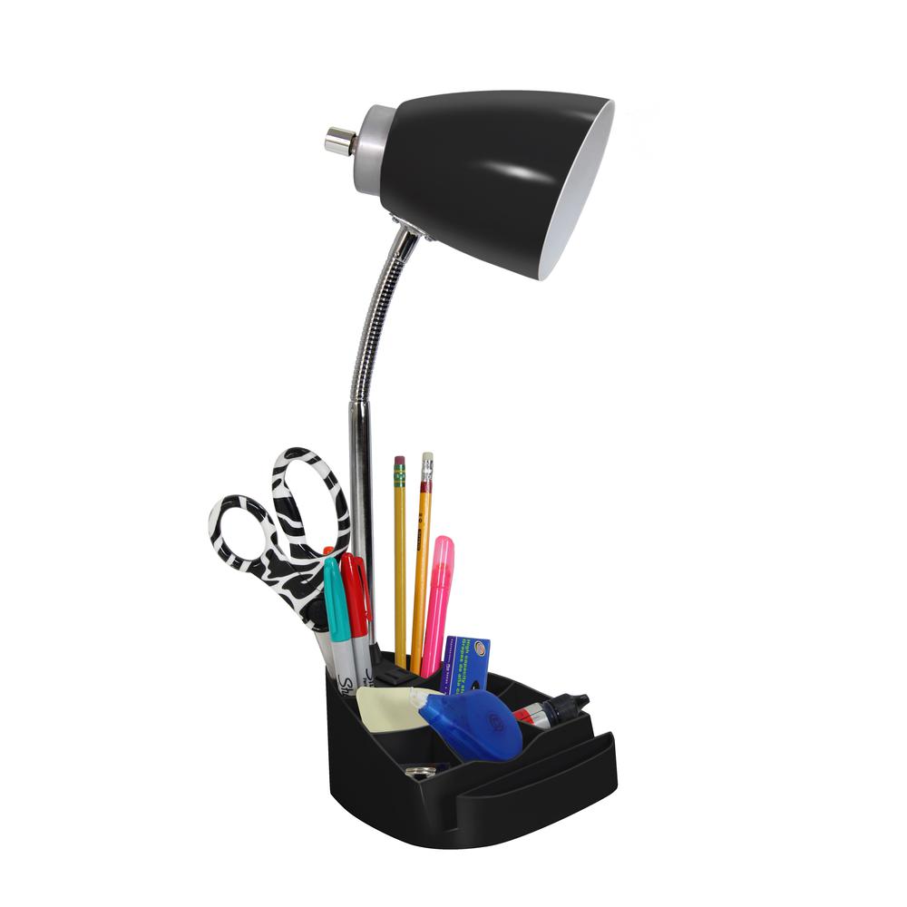 Simple Designs Gooseneck Organizer Desk Lamp with iPad Tablet Stand Book Holder and Charging Outlet, Black
