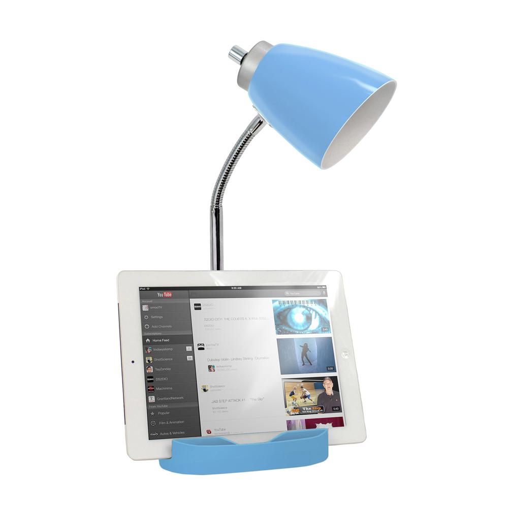 Limelights Gooseneck Organizer Desk Lamp with iPad Tablet Stand Book Holder and Charging Outlet, Blue