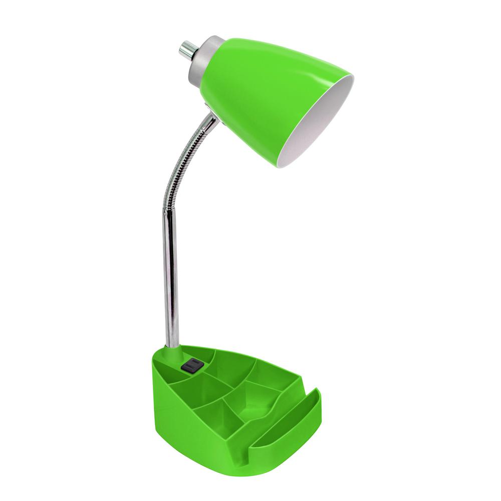 Gooseneck Organizer Desk Lamp with Holder and Charging Outlet, Green. Picture 1