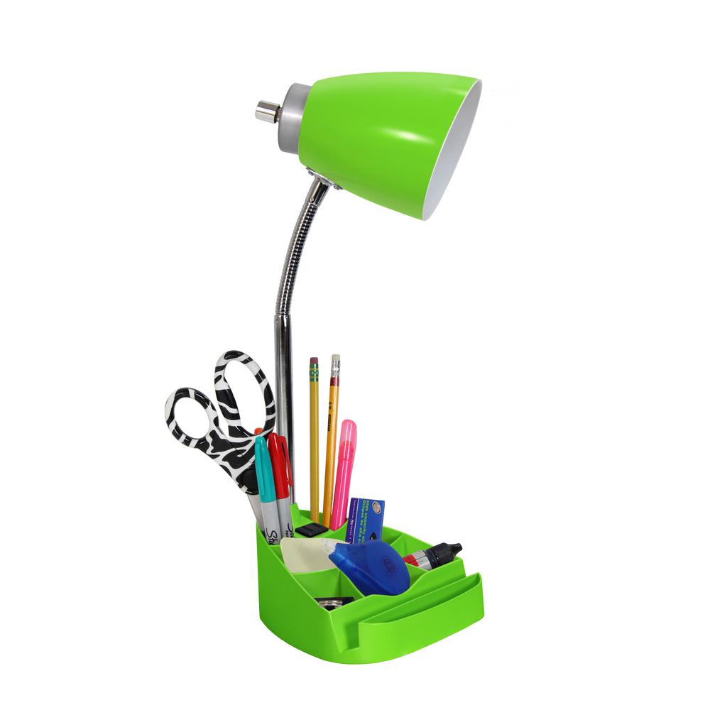 Gooseneck Organizer Desk Lamp with Holder and Charging Outlet, Green. Picture 2