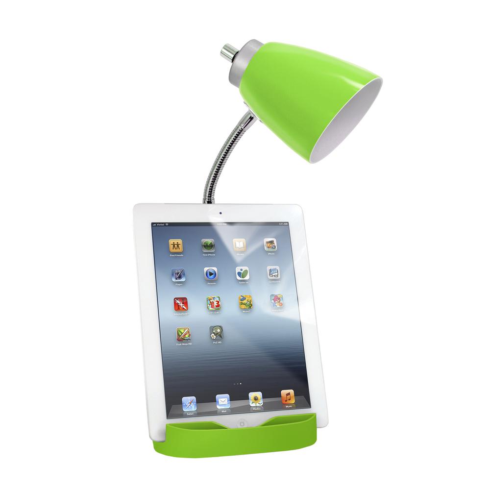 Gooseneck Organizer Desk Lamp with Holder and Charging Outlet, Green. Picture 3