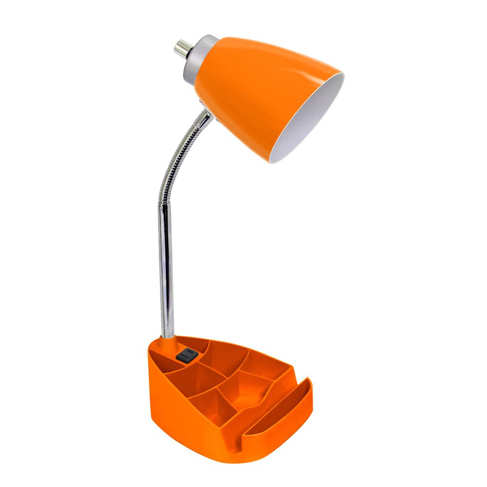 Gooseneck Organizer Desk Lamp with Holder and Charging Outlet, Orange. Picture 1